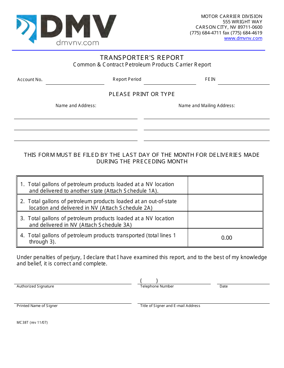 Form MC038T Fuel Transporter Report - Nevada, Page 1