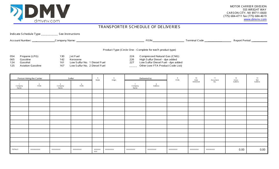 Transporter Schedule of Deliveries - Nevada, Page 1