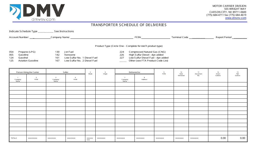 Transporter Schedule of Deliveries - Nevada
