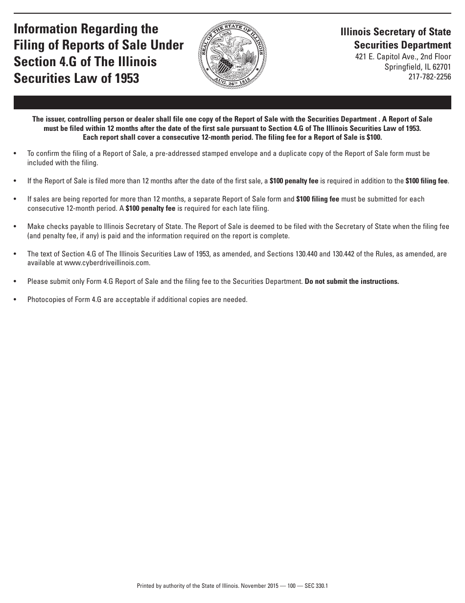 Form SEC319.1 Report of Sale Pursuant to Section 4.g of the Illinois Securities Law of 1953 - Illinois, Page 1