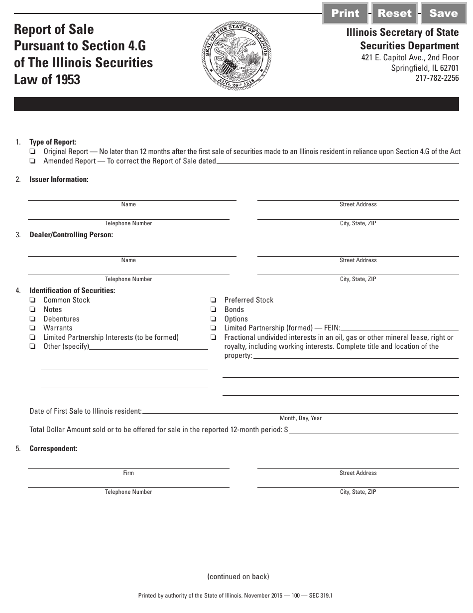 Form SEC319.1 Report of Sale Pursuant to Section 4.g of the Illinois Securities Law of 1953 - Illinois, Page 2