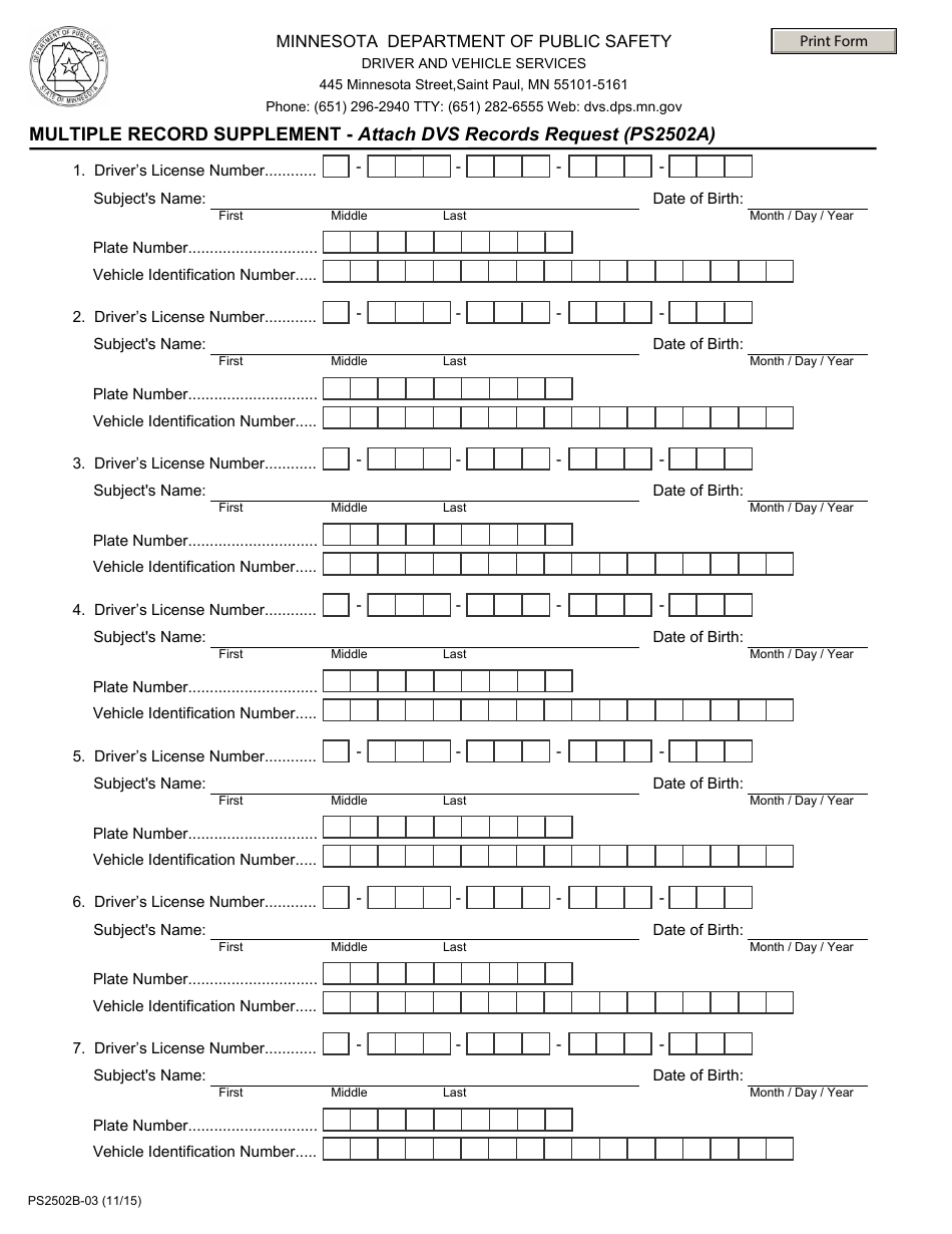 Form PS2502B-03 Multiple Record Supplement - Minnesota, Page 1
