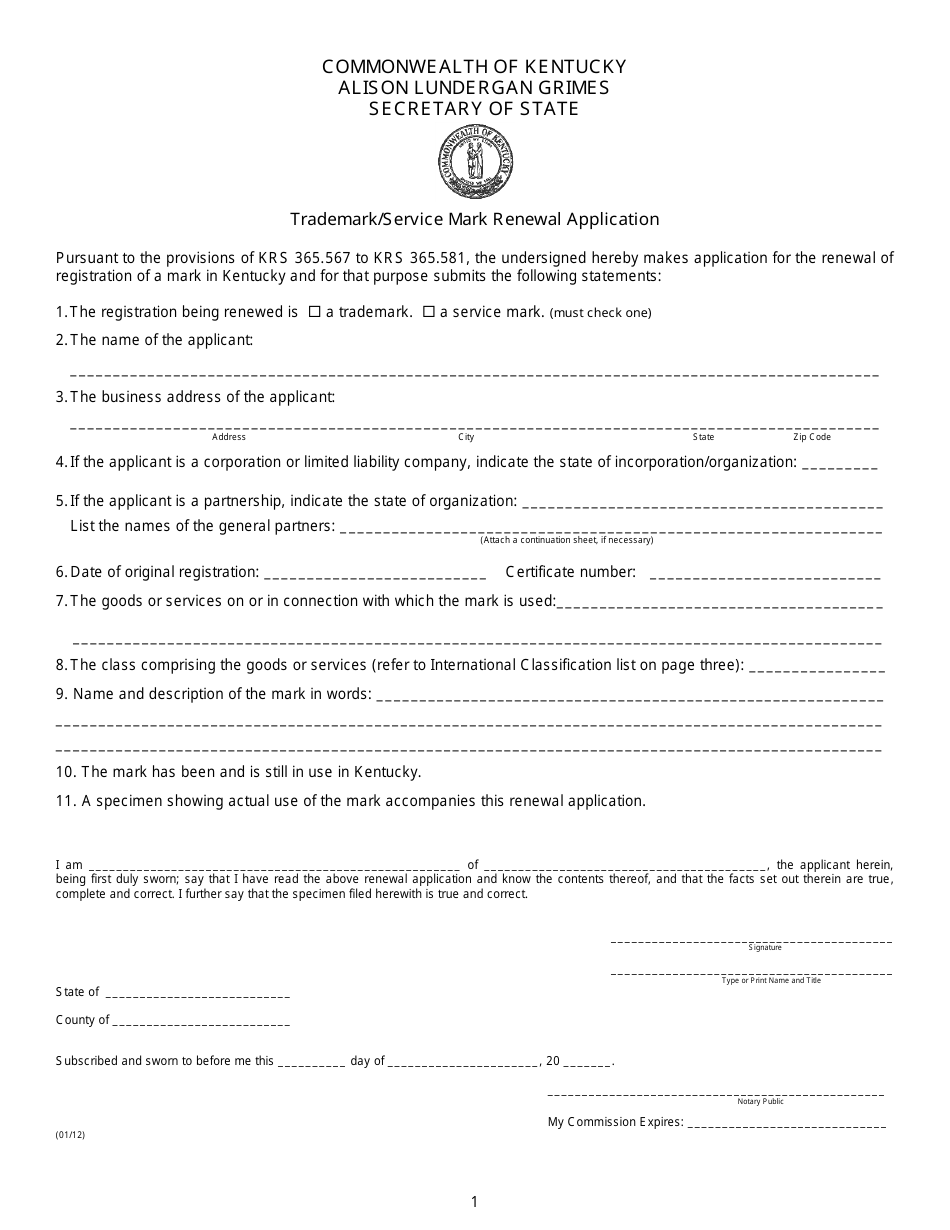 Trademark/Service Mark Renewal Application Form - Kentucky, Page 1