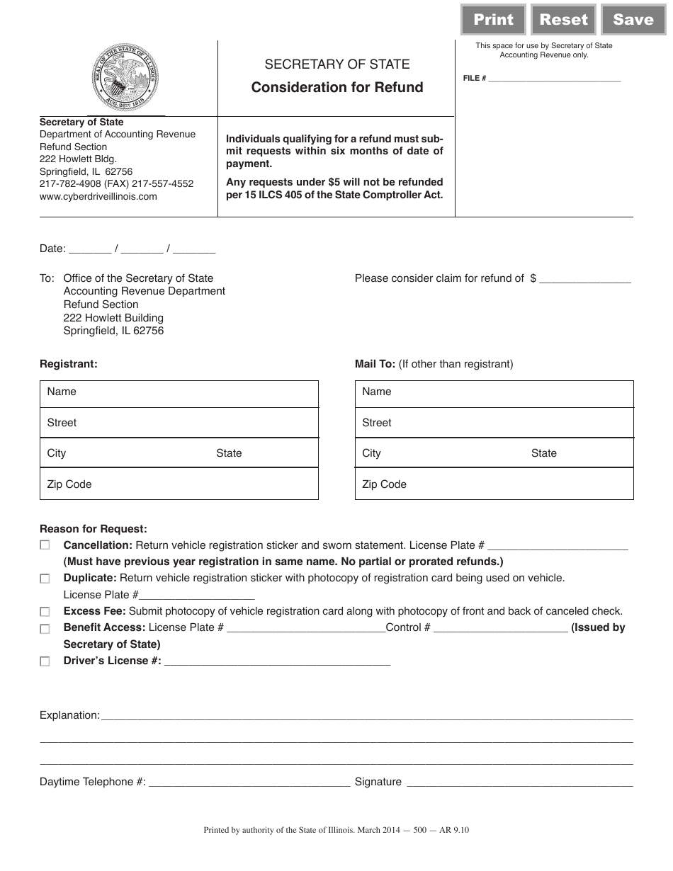 Form AR9.10 Consideration for Refund - Illinois, Page 1