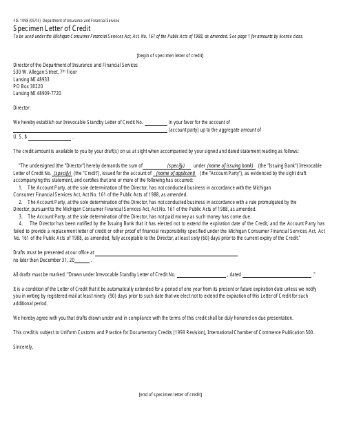 Form FIS1098 Specimen Letter of Credit - Michigan