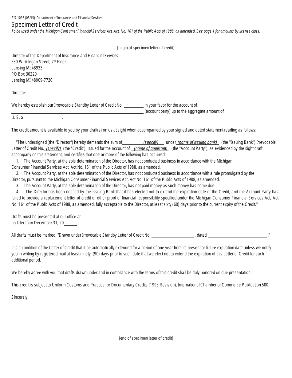 Form FIS1098 Specimen Letter of Credit - Michigan, Page 1