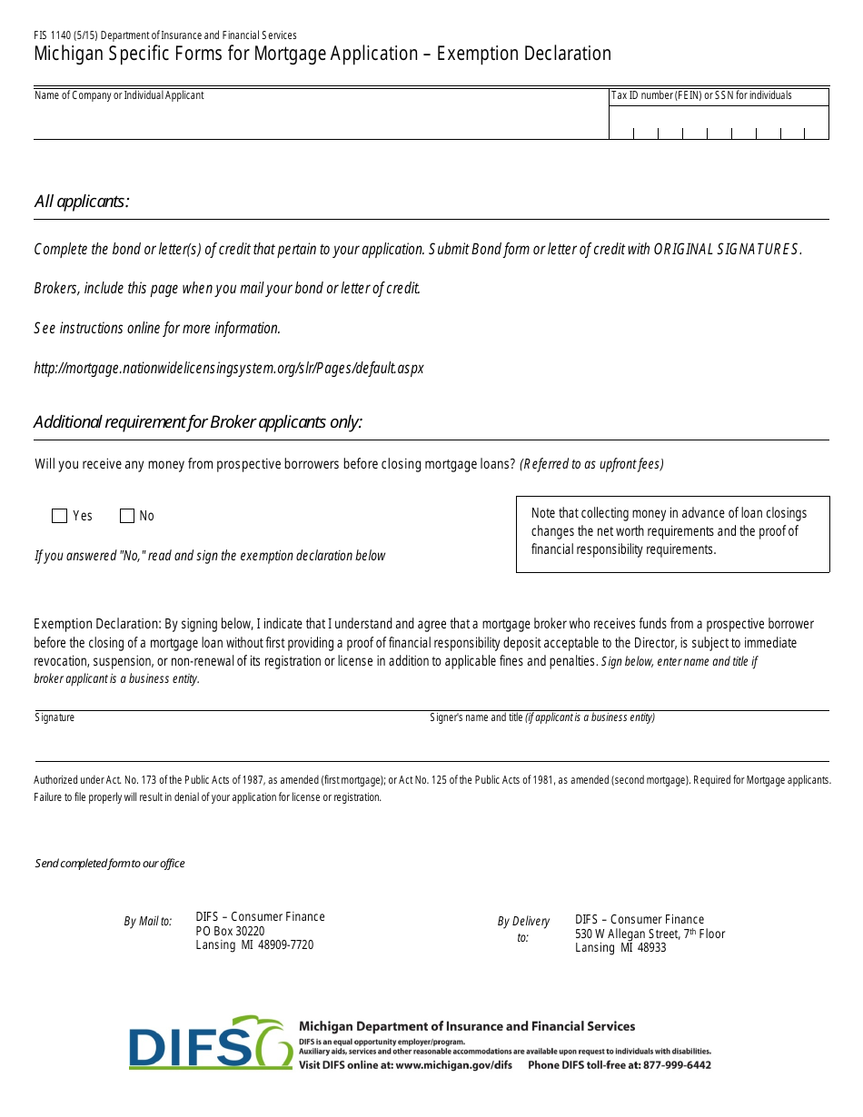 Form FIS1140 Michigan Specific Forms for Mortgage Application - Exemption Declaration - Michigan, Page 1