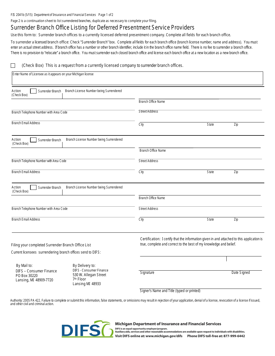 Form FIS2041B Surrender Branch Office Listing for Deferred Presentment Service Providers - Michigan, Page 1
