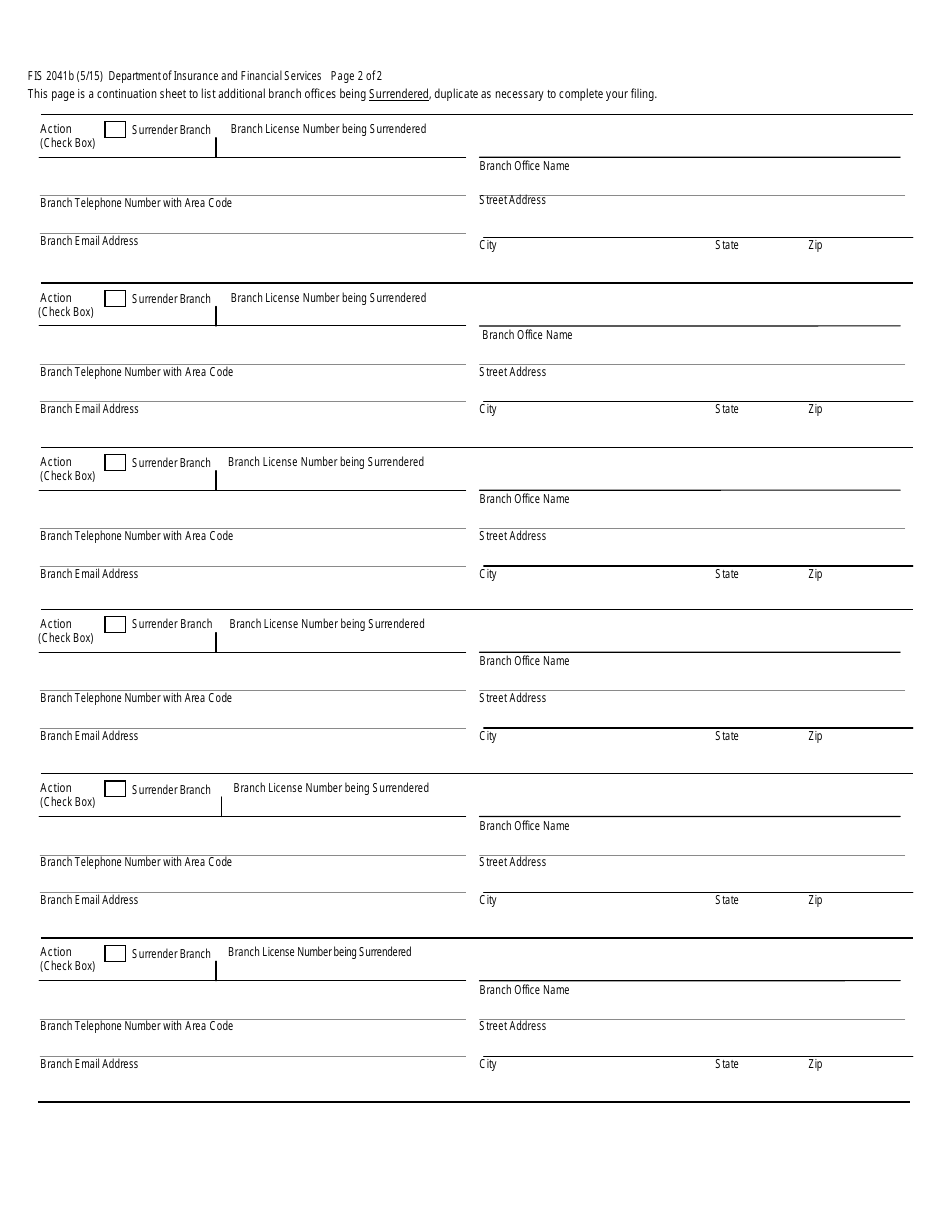 Form FIS2041B Surrender Branch Office Listing for Deferred Presentment Service Providers - Michigan, Page 2