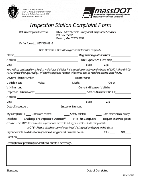 Form T21413-0715 Inspection Station Complaint Form - Massachusetts