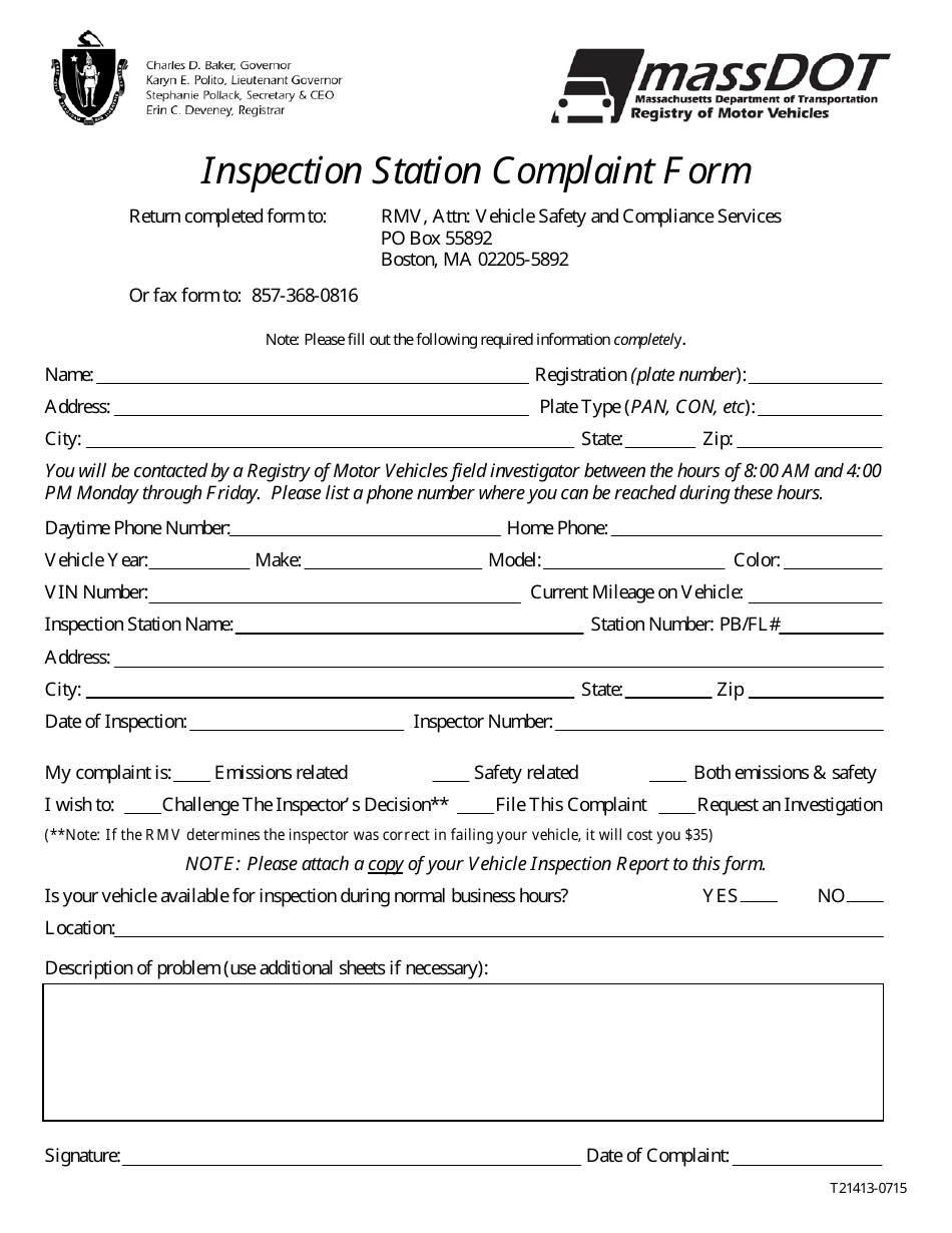 Form T21413-0715 Inspection Station Complaint Form - Massachusetts, Page 1