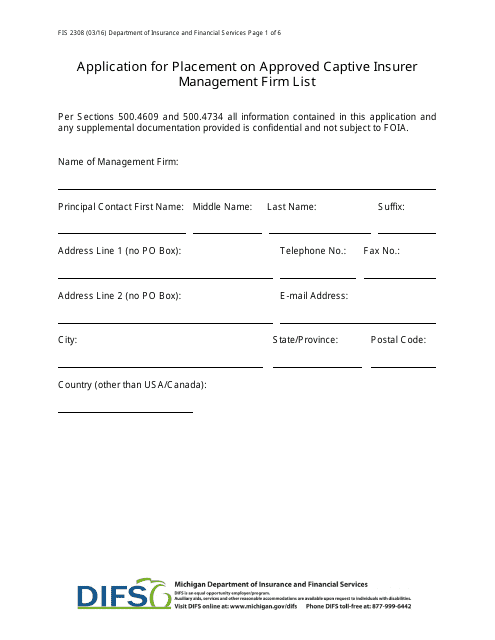 Form FIS2308 Application for Placement on Approved Captive Insurer Management Firm List - Michigan