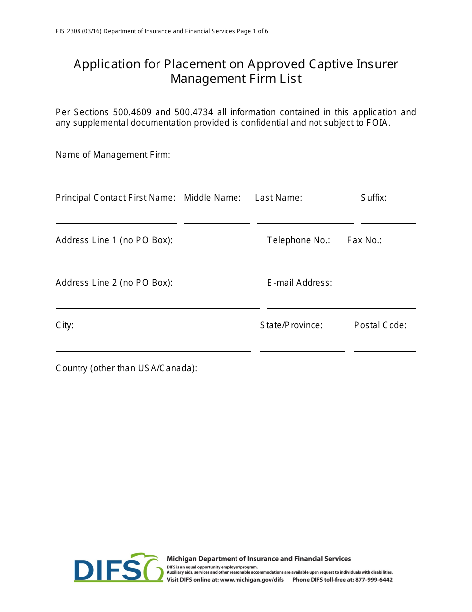 Form FIS2308 Application for Placement on Approved Captive Insurer Management Firm List - Michigan, Page 1