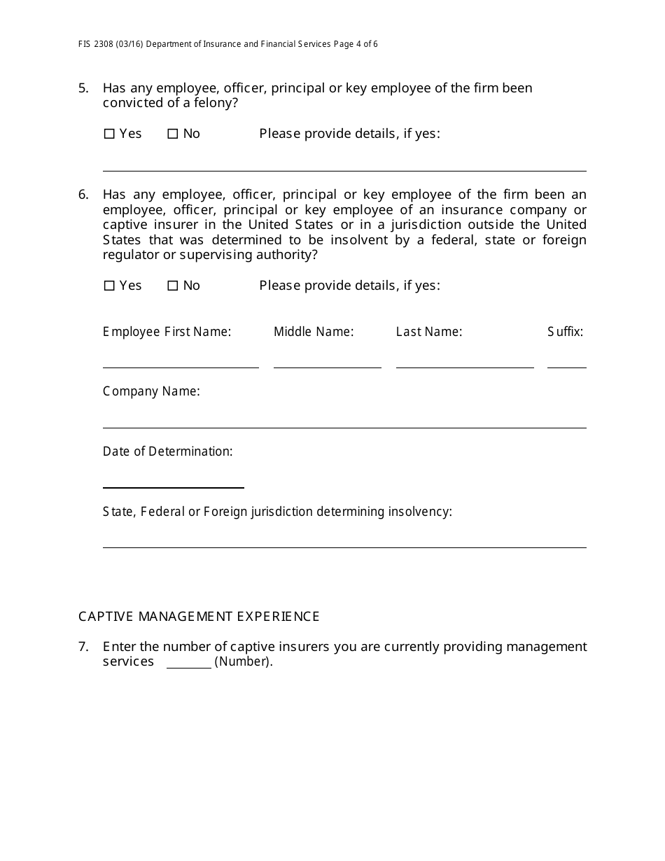Form FIS2308 Application for Placement on Approved Captive Insurer Management Firm List - Michigan, Page 4