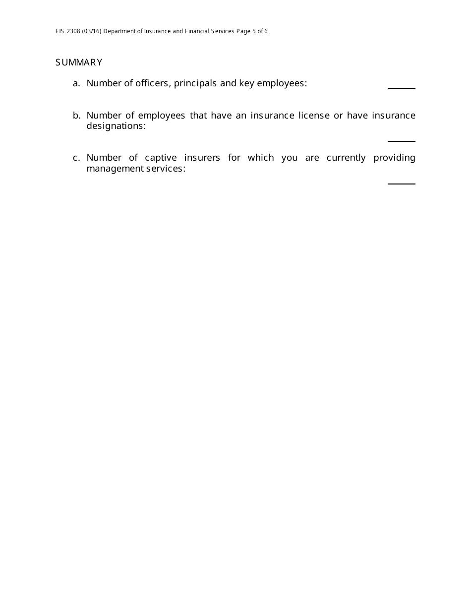 Form FIS2308 Application for Placement on Approved Captive Insurer Management Firm List - Michigan, Page 5