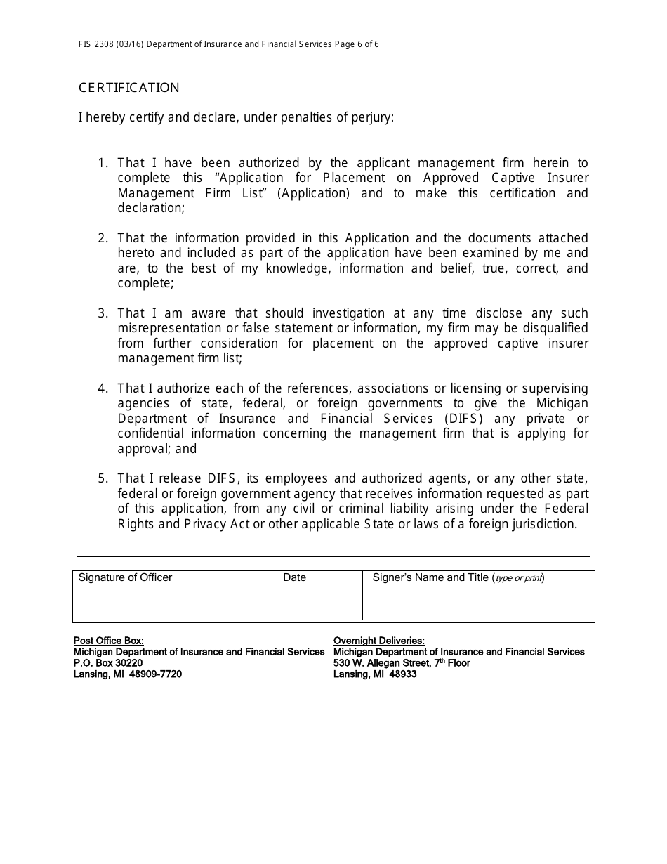 Form FIS2308 Application for Placement on Approved Captive Insurer Management Firm List - Michigan, Page 6