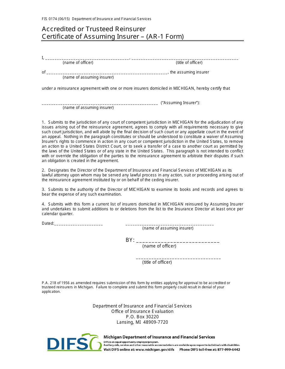 Form FIS0174 (AR-1) Accredited or Trusteed Reinsurer Certificate of Assuming Insurer - Michigan, Page 1
