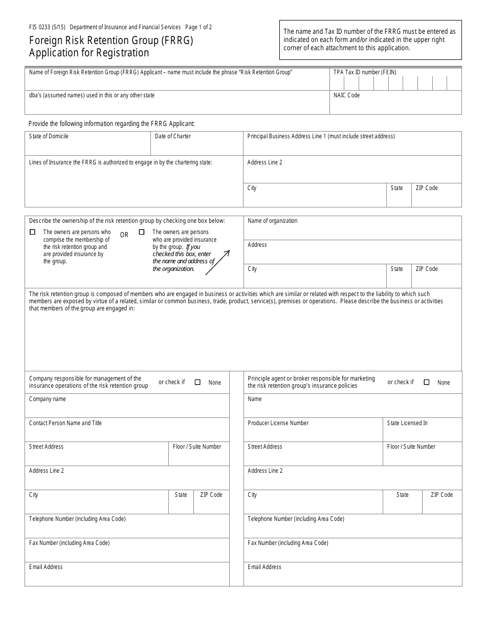 Form FIS0233 Foreign Risk Retention Group (Frrg) Application for Registration - Michigan, Page 1