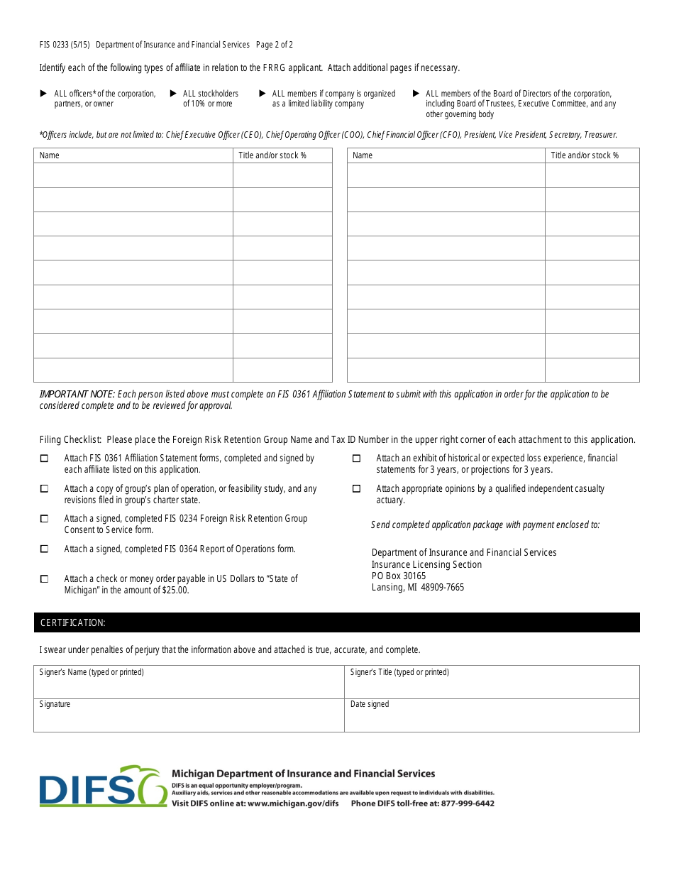 Form FIS0233 Foreign Risk Retention Group (Frrg) Application for Registration - Michigan, Page 2