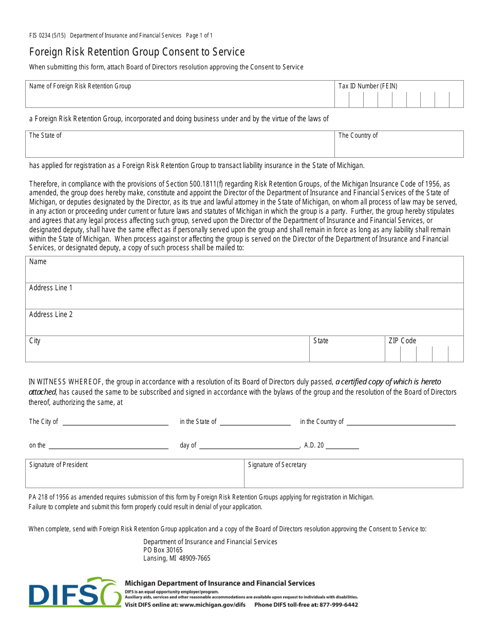 Form FIS0234 Foreign Risk Retention Group Consent to Service - Michigan, Page 1