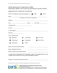 Document preview: Form FIS0273 Health Maintenance Organization (HMO)/ Alternative Health Care Financing and Delivery System (Afds) Application for Certificate of Authority - Michigan