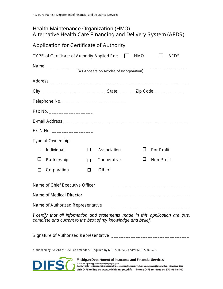 Form FIS0273 Health Maintenance Organization (HMO)/ Alternative Health Care Financing and Delivery System (Afds) Application for Certificate of Authority - Michigan, Page 1