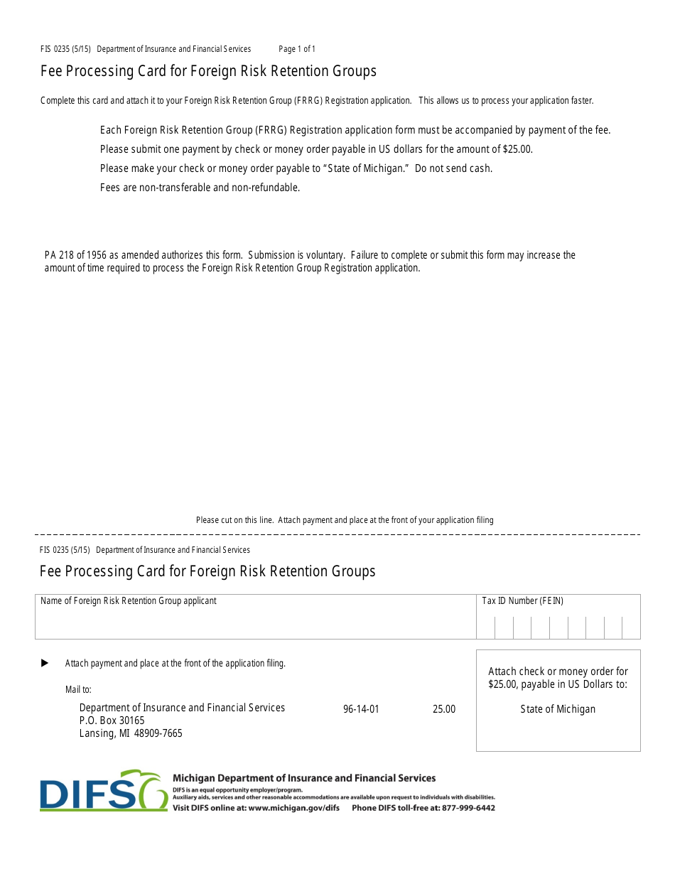 Form FIS0235 Fee Processing Card for Foreign Risk Retention Groups - Michigan, Page 1