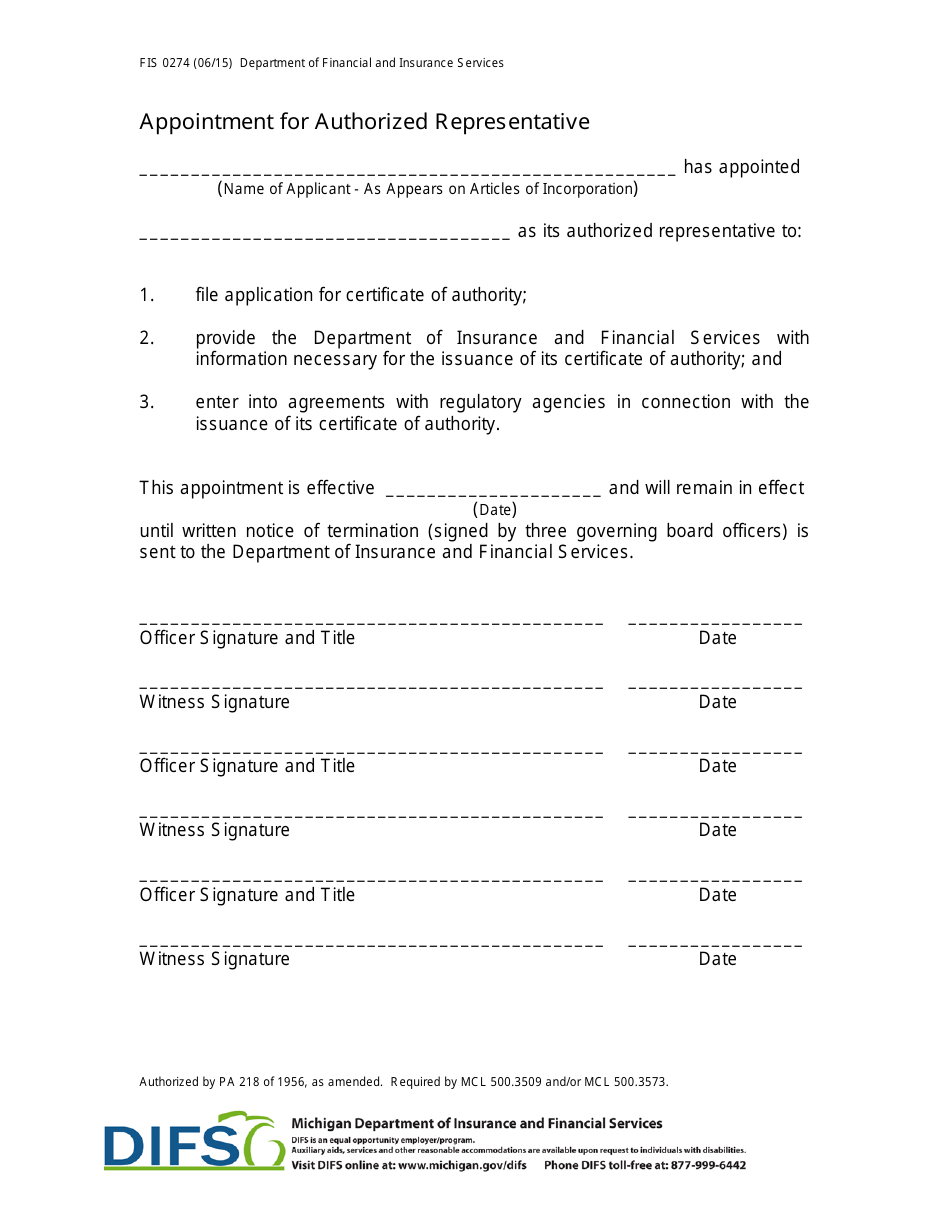 Form FIS0274 Appointment for Authorized Representative - Michigan, Page 1