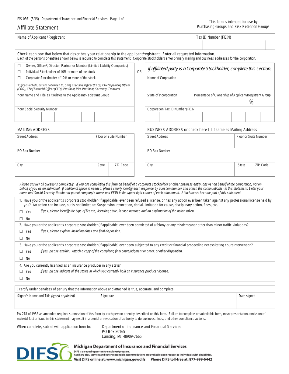 Form FIS0361 Affiliate Statement - Michigan, Page 1