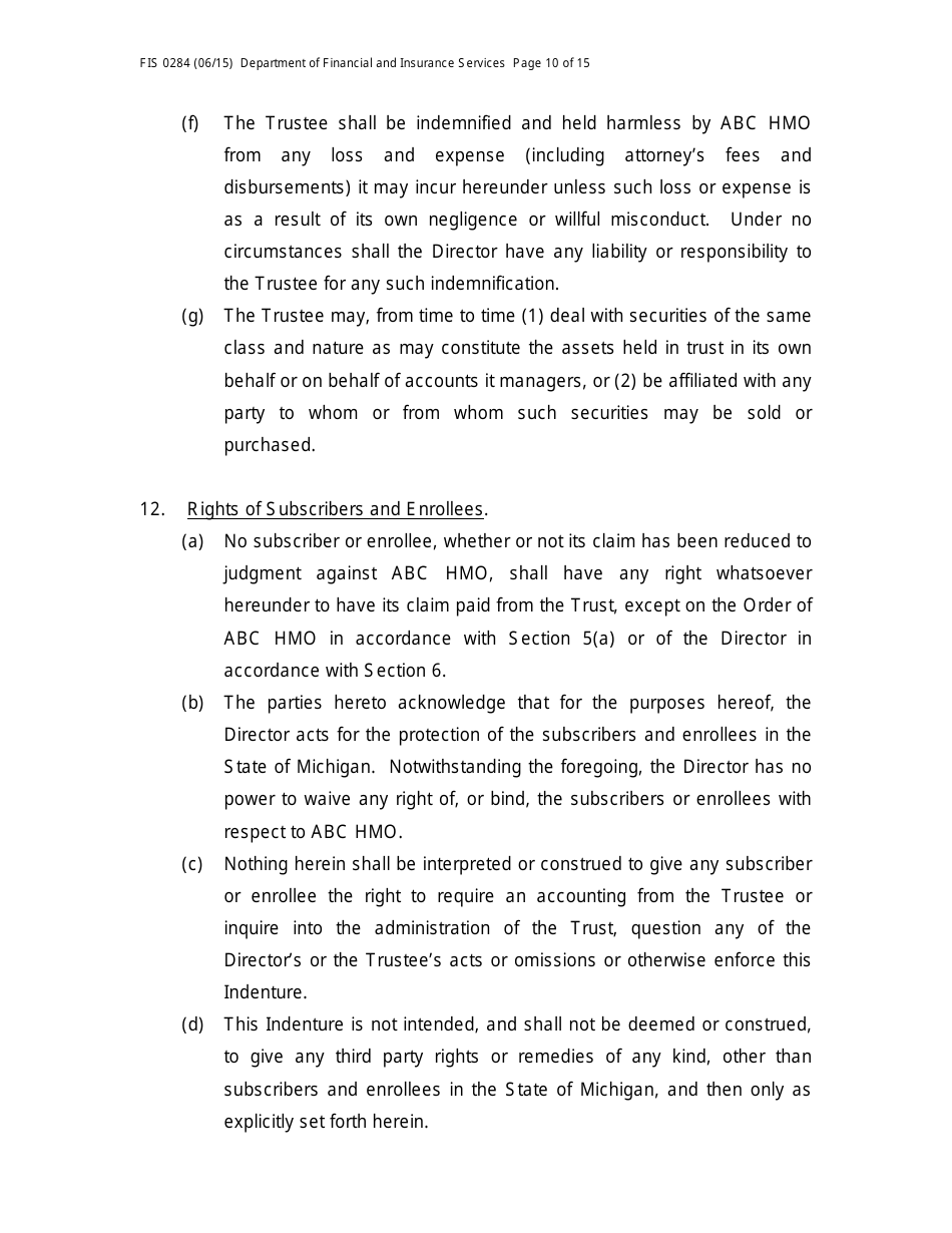 Form FIS0284 Model Trust Indenture - Michigan, Page 10