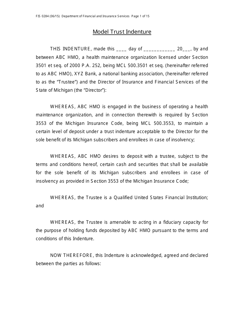Form FIS0284 Model Trust Indenture - Michigan, Page 1