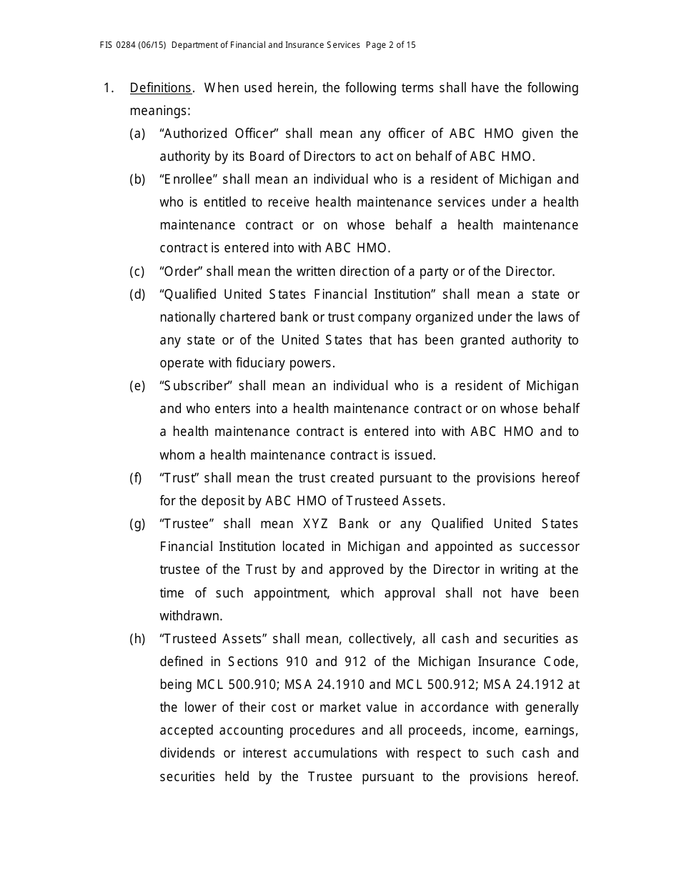 Form FIS0284 Model Trust Indenture - Michigan, Page 2