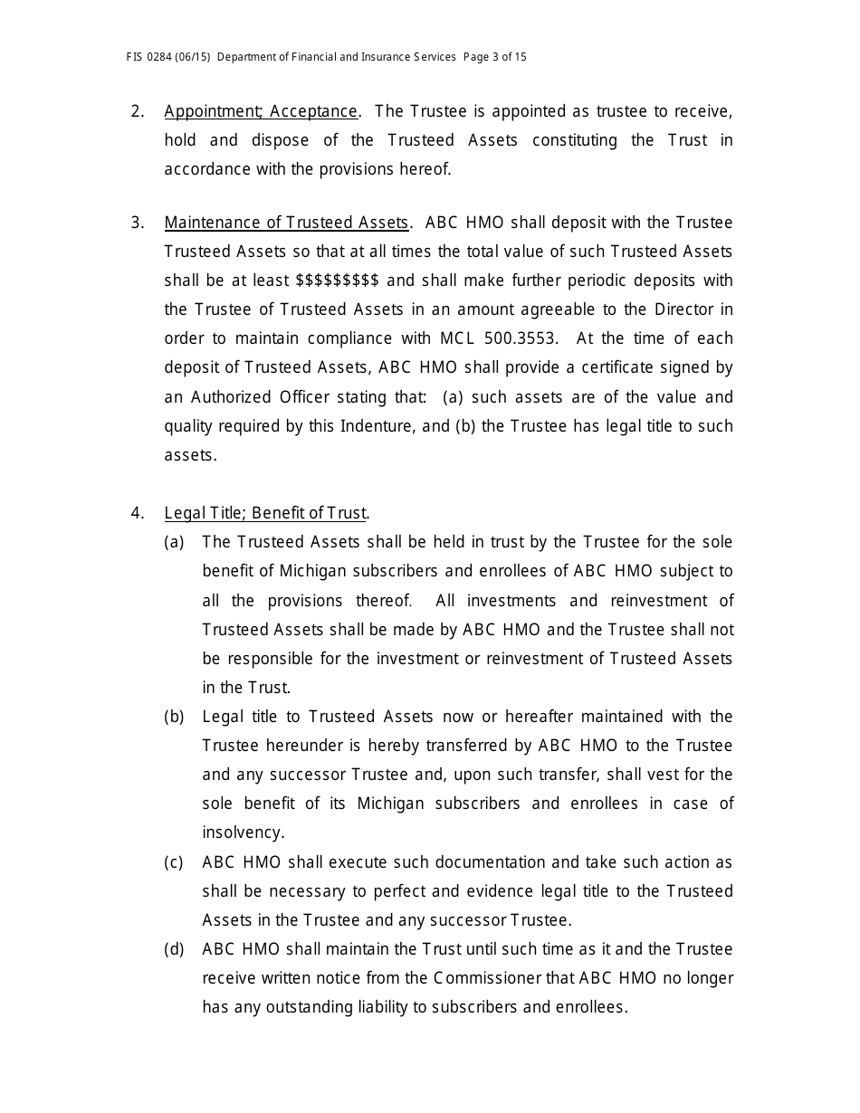 Form FIS0284 Model Trust Indenture - Michigan, Page 3
