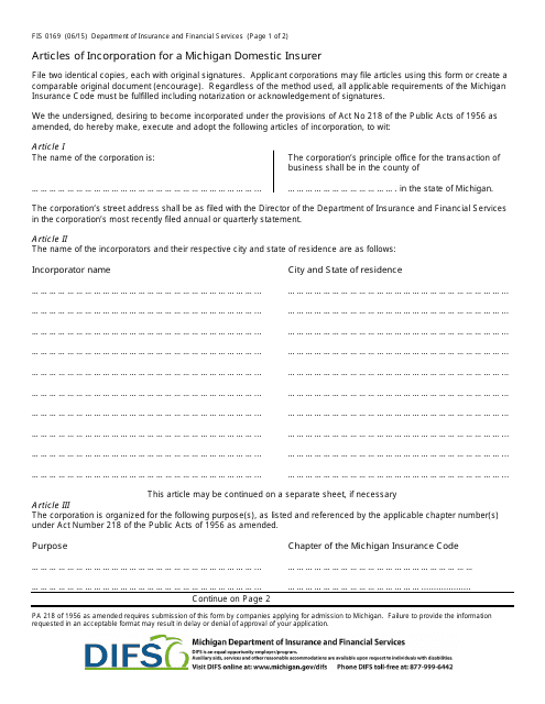 Form FIS0169 Articles of Incorporation for a Michigan Domestic Insurer - Michigan