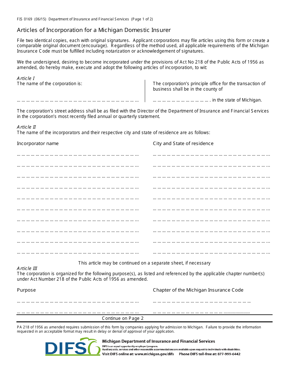 Form FIS0169 Articles of Incorporation for a Michigan Domestic Insurer - Michigan, Page 1