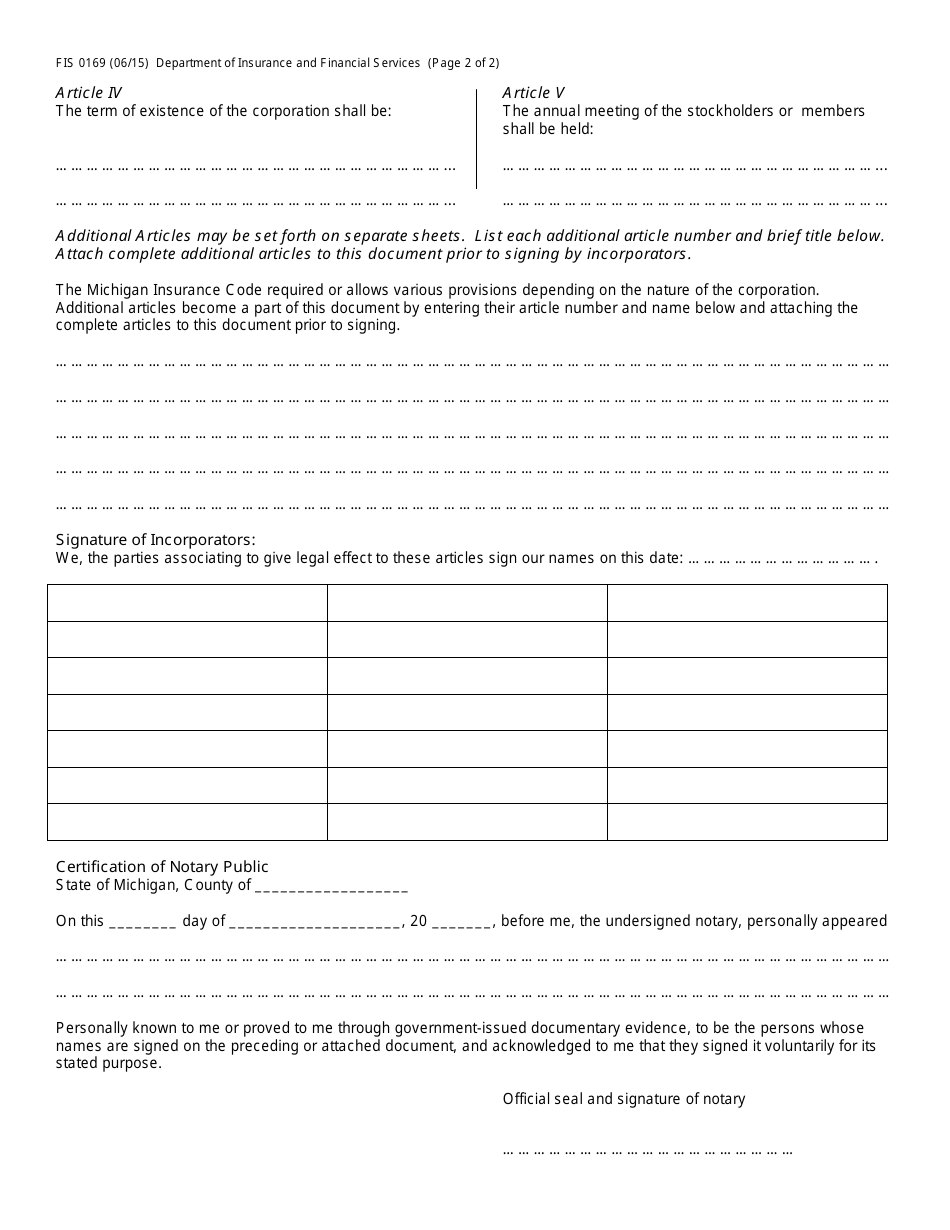 Form FIS0169 Articles of Incorporation for a Michigan Domestic Insurer - Michigan, Page 2