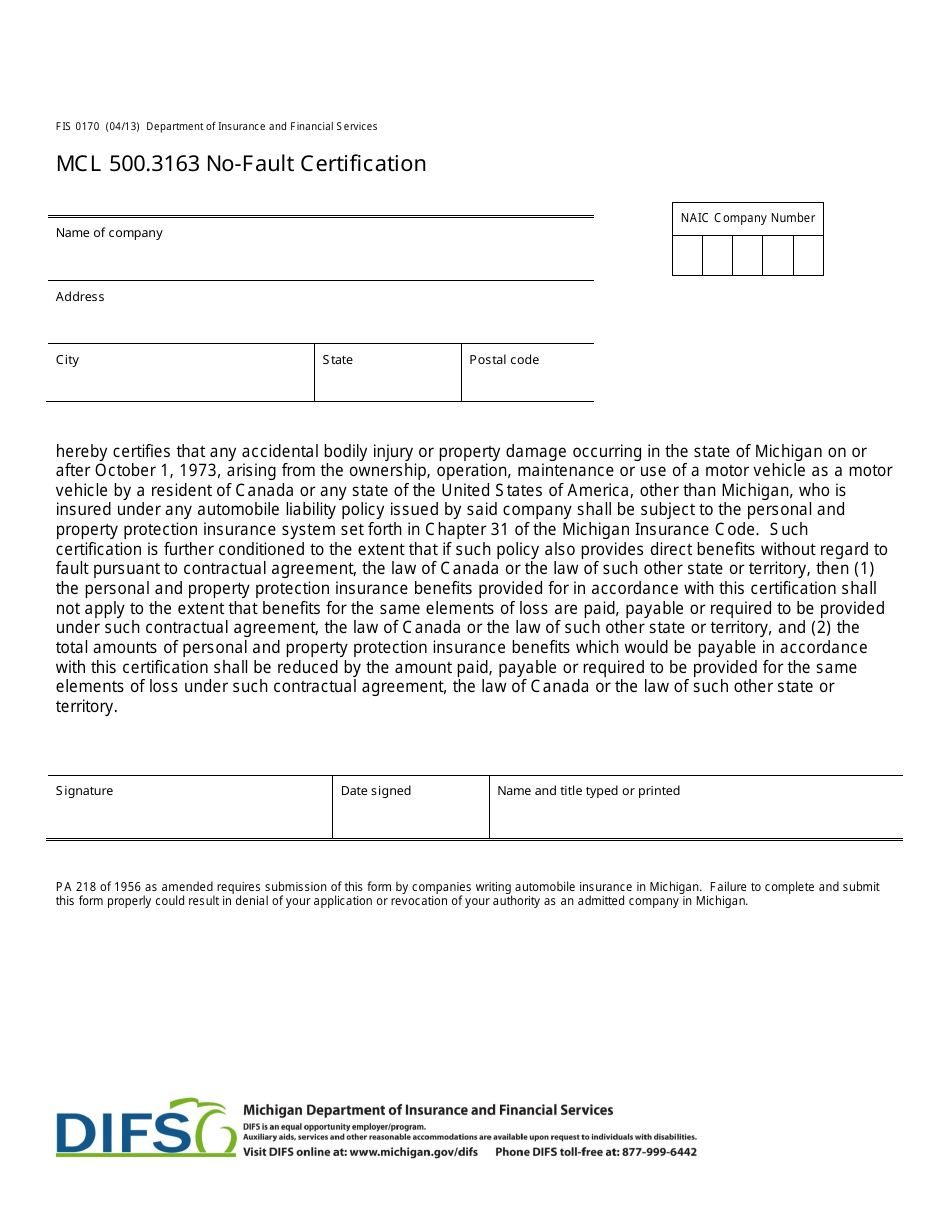 Form FIS0170 Mcl 500.3163 No-Fault Certification - Michigan, Page 1
