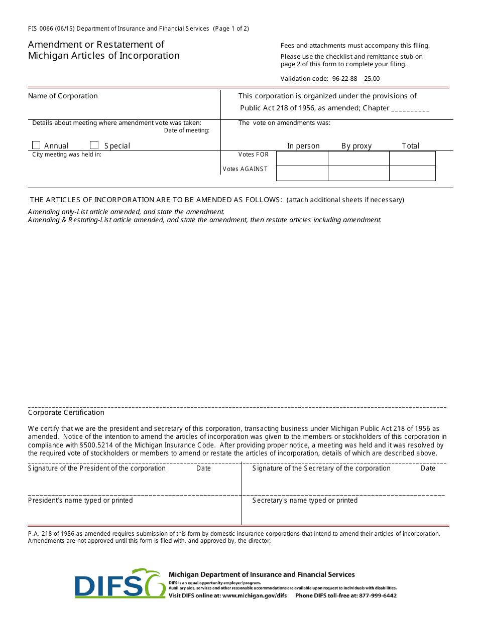Form FIS0066 Amendment or Restatement of Michigan Articles of Incorporation - Michigan, Page 1