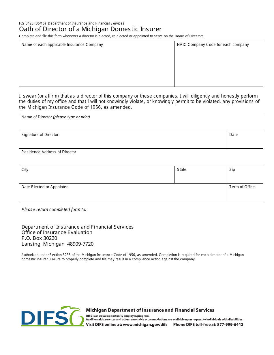 Form FIS0425 Oath of Director of a Michigan Domestic Insurer - Michigan, Page 1