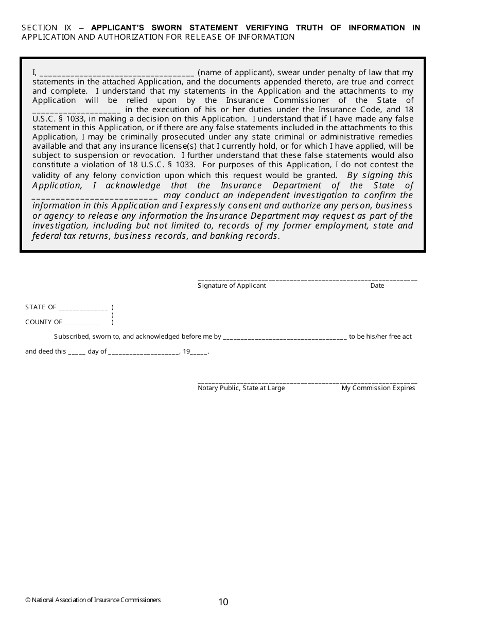 Application for Written Consent to Engage in the Business of Insurance Pursuant to 18 U.s.c. 1033 and 1034 - Nevada, Page 10
