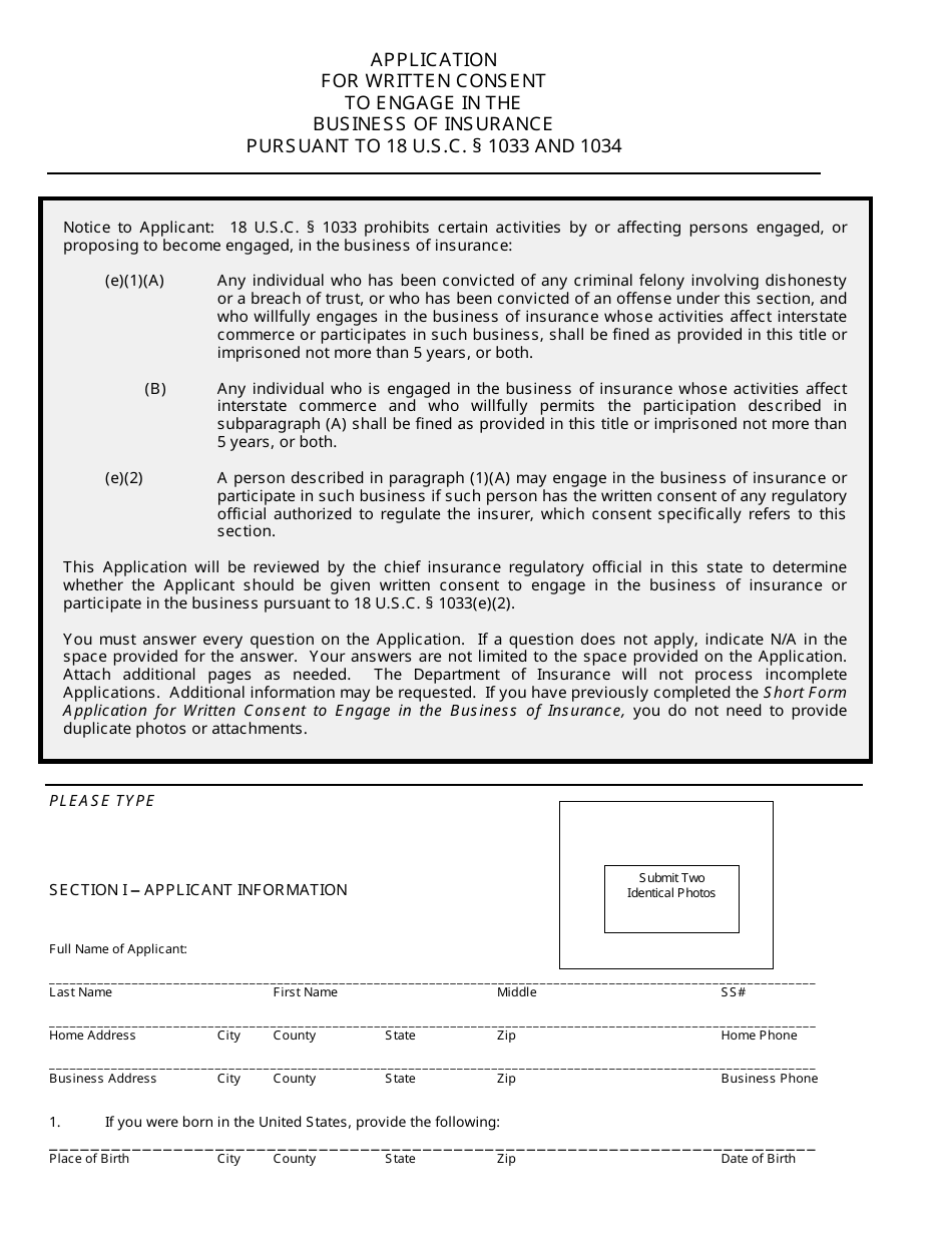 Application for Written Consent to Engage in the Business of Insurance Pursuant to 18 U.s.c. 1033 and 1034 - Nevada, Page 1