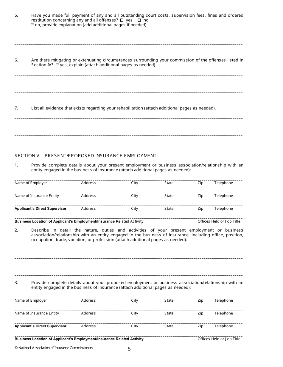 Application for Written Consent to Engage in the Business of Insurance Pursuant to 18 U.s.c. 1033 and 1034 - Nevada, Page 5