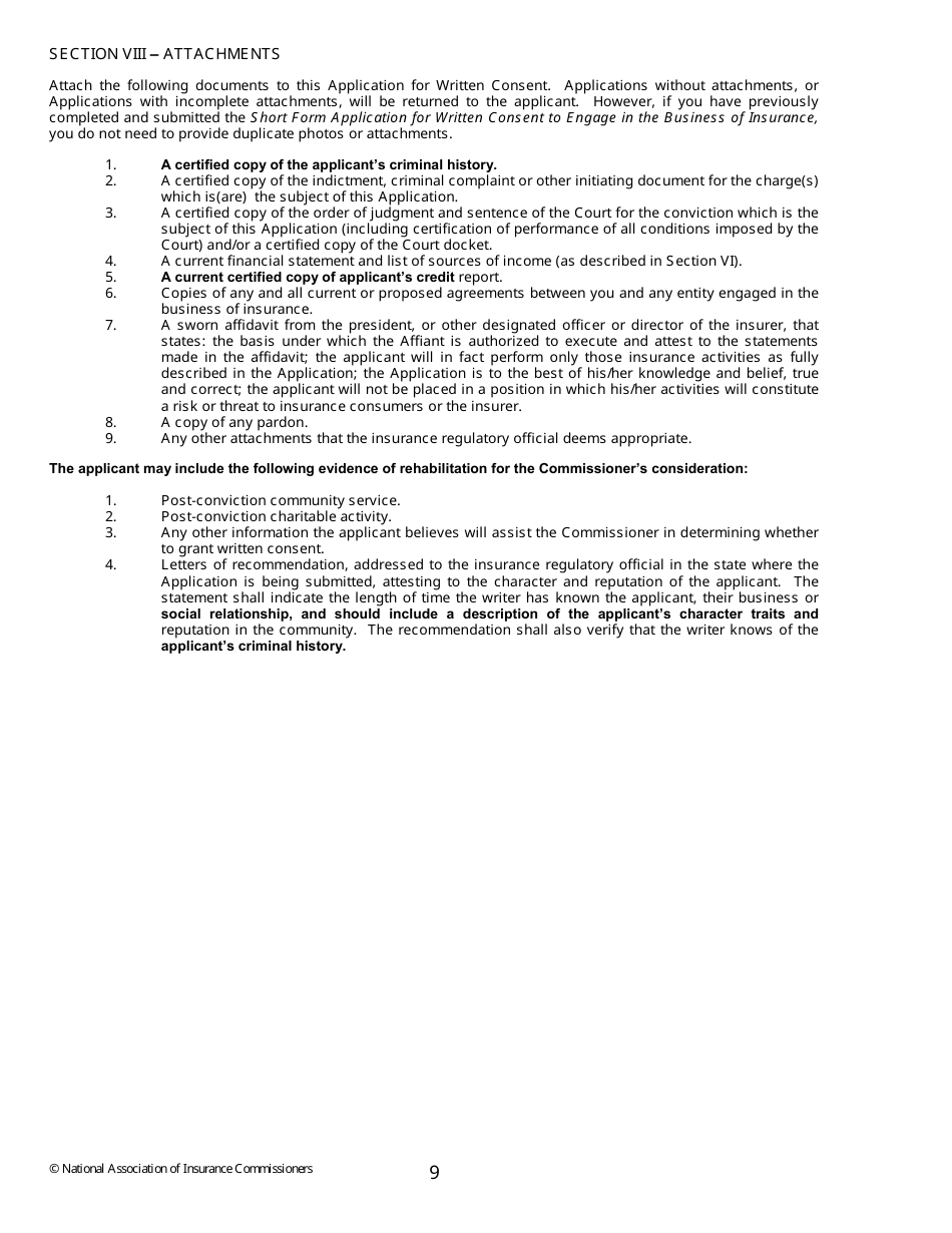 Application for Written Consent to Engage in the Business of Insurance Pursuant to 18 U.s.c. 1033 and 1034 - Nevada, Page 9