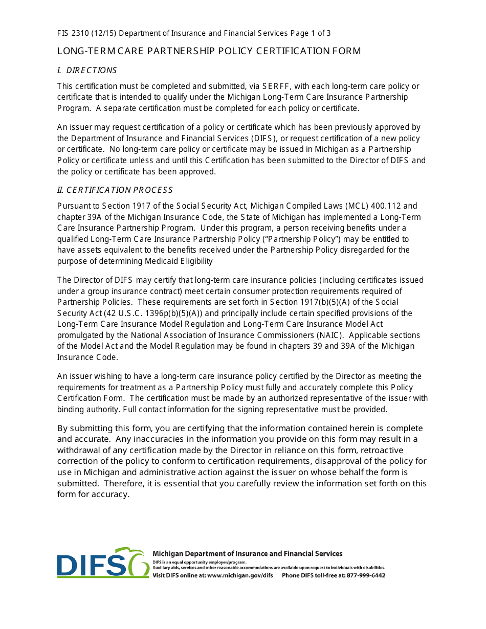 Form FIS2310 Partnership Program Notice and Long-Term Care Partnership Policy Certification Form - Michigan, Page 3