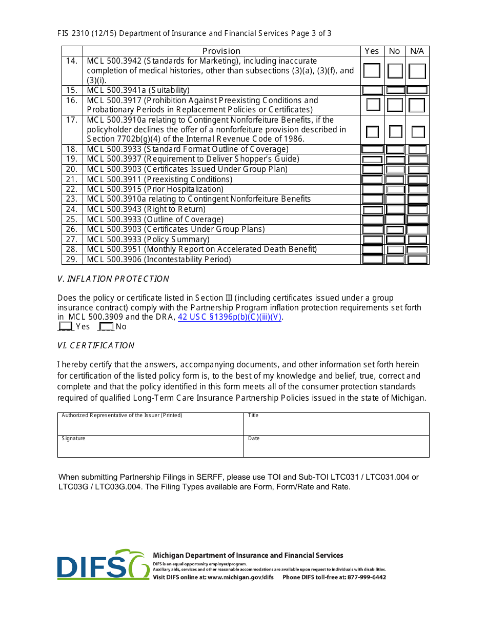 Form FIS2310 Partnership Program Notice and Long-Term Care Partnership Policy Certification Form - Michigan, Page 5