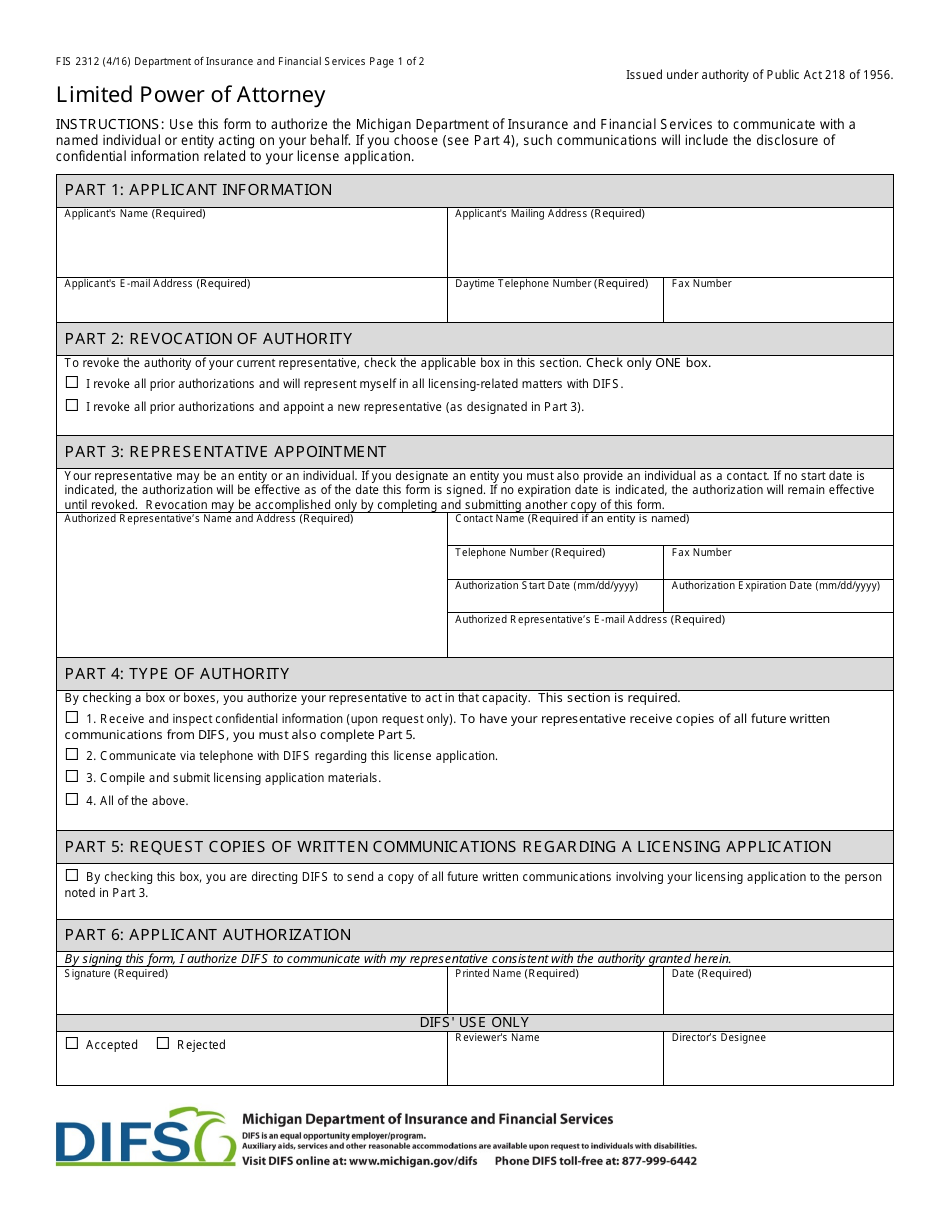 Form FIS2312 Limited Power of Attorney - Michigan, Page 1