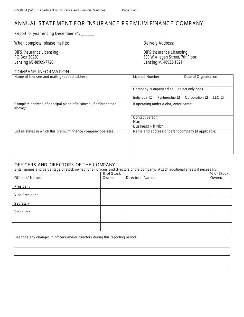 Form FIS0854 Download Fillable PDF or Fill Online Annual Statement for ...