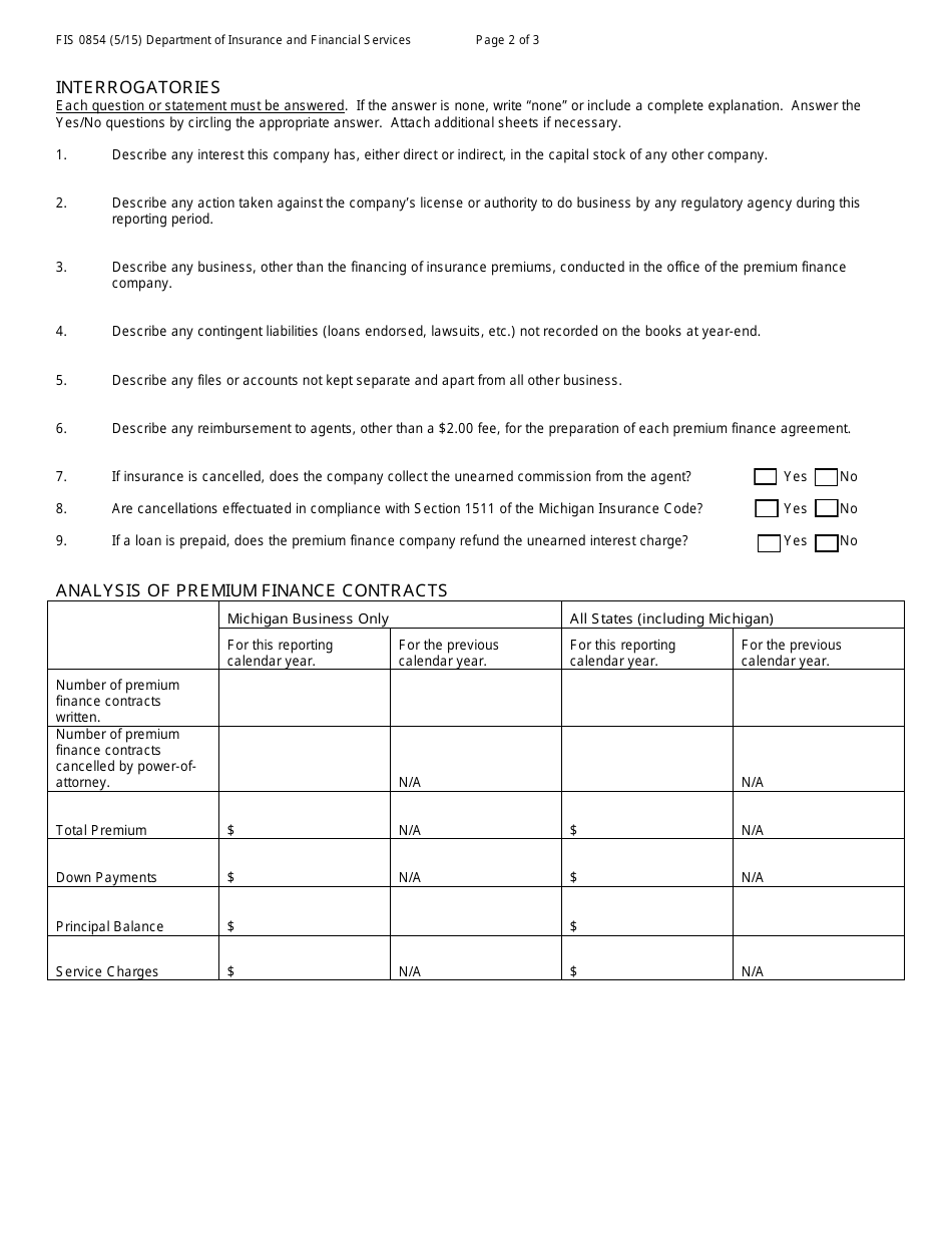 Form FIS0854 Annual Statement for Insurance Premium Finance Company - Michigan, Page 2