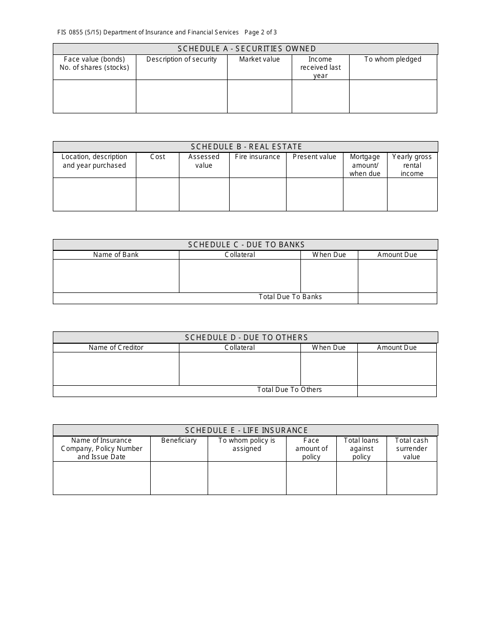 Form FIS0855 Premium Finance Company Balance Sheet - Michigan, Page 2