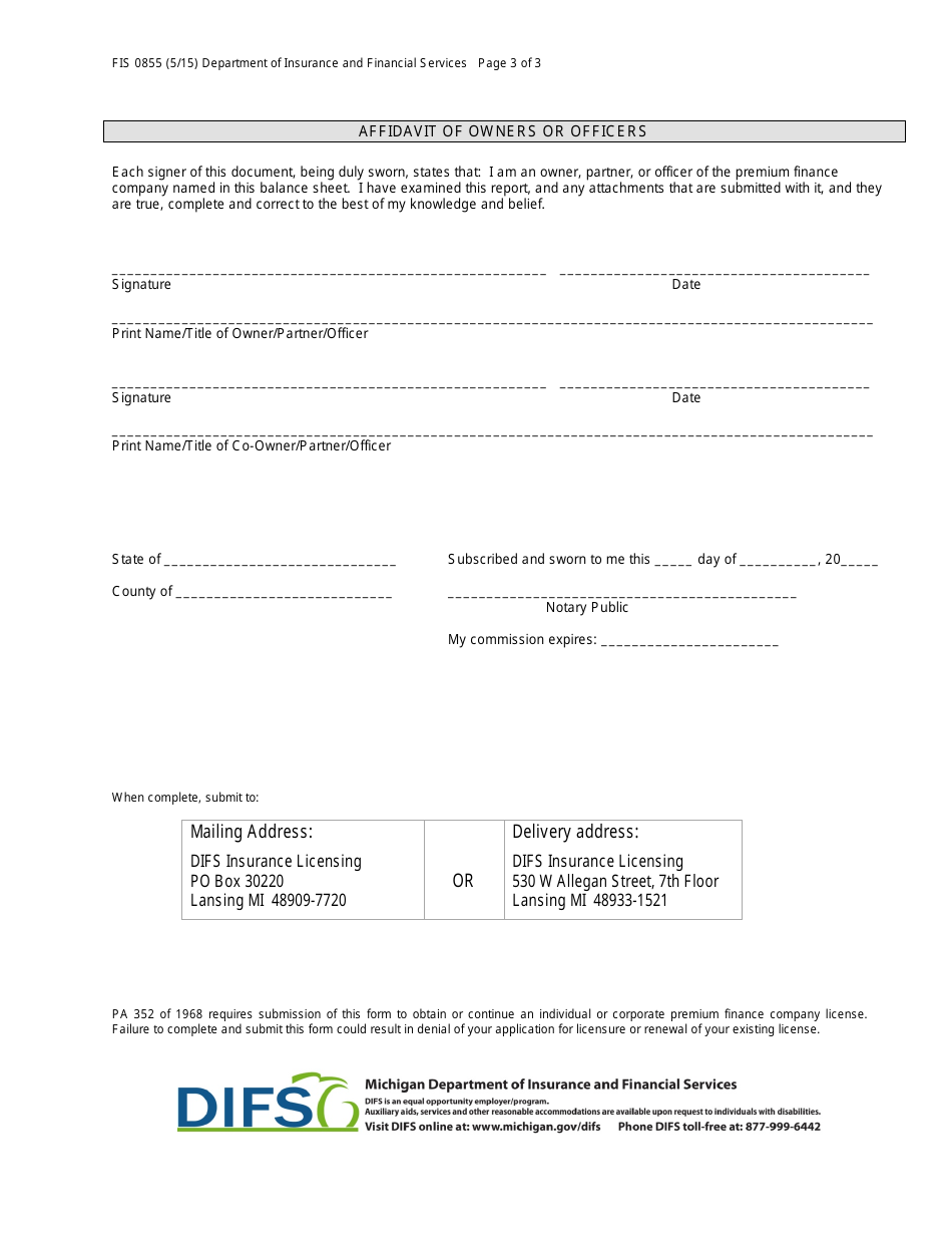 Form FIS0855 Premium Finance Company Balance Sheet - Michigan, Page 3